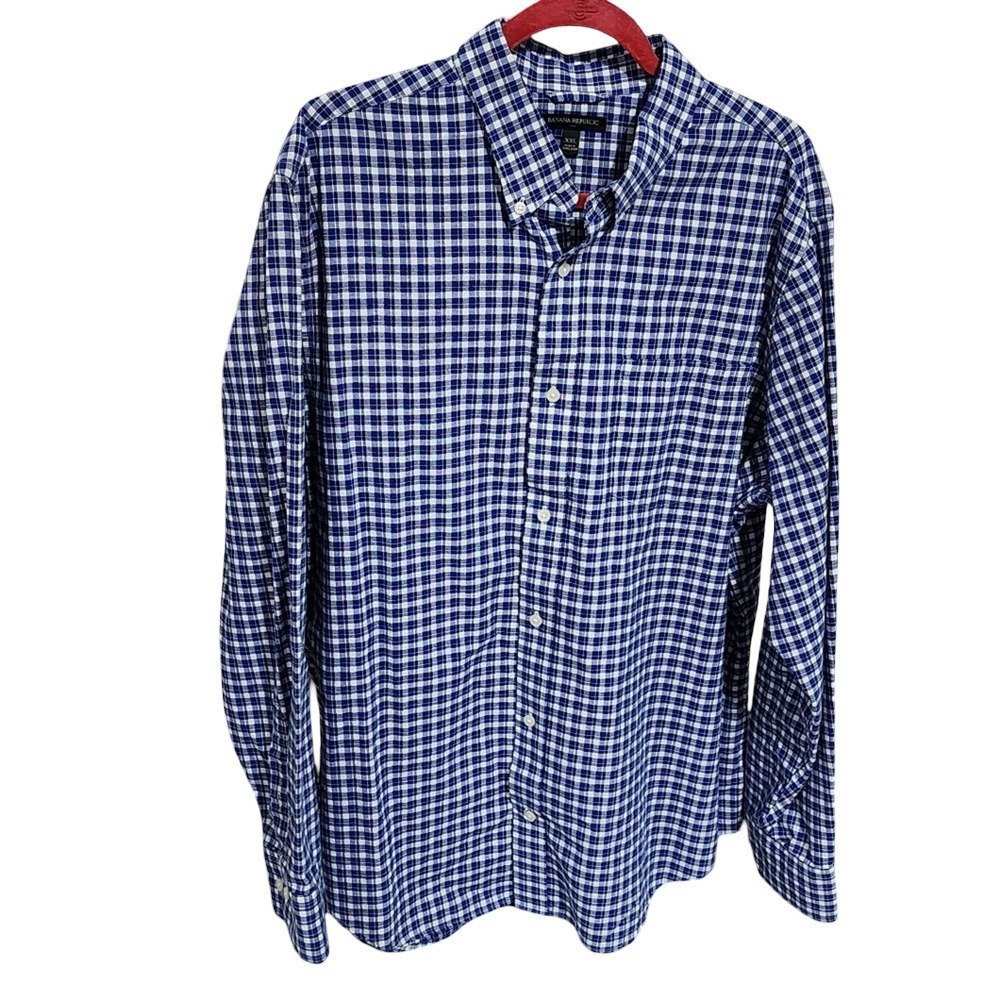 Banana Republic XXL Blue White Gingham Check Cotton Button Down Shirt Long Slv - Picture 1 of 6